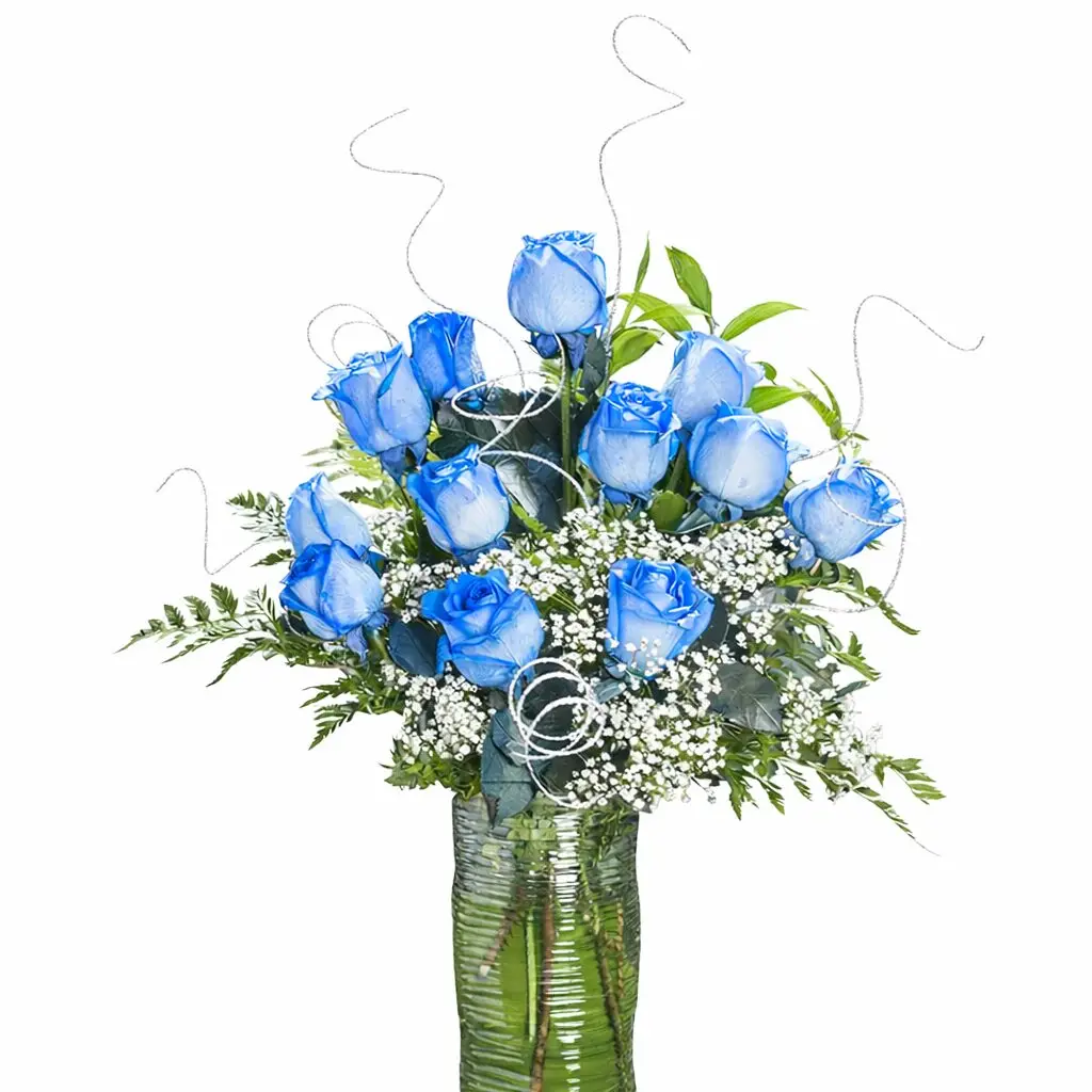 Exquisite blue rose bouquet with baby's breath in a glass vase from Pike Place Flowers in Seattle