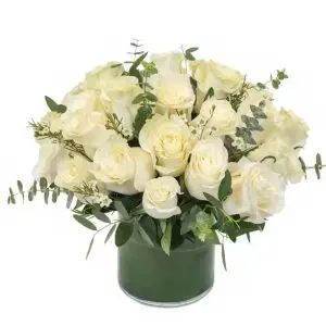 White Roses in Low Cylinder – 2 Dozen - Pike Place Flowers Seattle