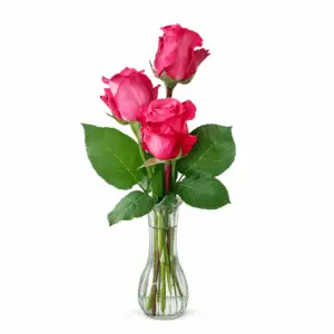 Three pink roses in a clear glass budvase with greenery, designed by Pike Place Flowers in Seattle
