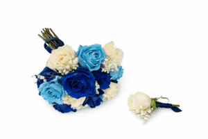 Blue and white rose bridal bouquet with baby’s breath and navy ribbon, photographed on a pure white background.