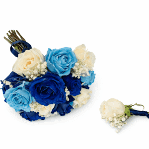 Blue and white rose bridal bouquet with baby’s breath and navy ribbon, photographed on a pure white background.